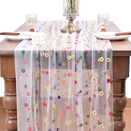 Table Runner with Daisy Motif, White Lace Tablecloth 100 x 150 cm Embroidered Lace Tulle Fabric, Tulle Lace Fabric, Daisy Motif