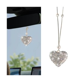 Zpana Bling Heart Car Hanging Accessories, Crystal Rhinestone Love Heart Vehicle Rear View Mirror Pendant Ornament for Women Girls, Auto Interior Mirror Charm Decor, Universal Fit (White)