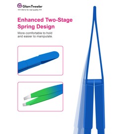 Exclusive G-01 Slant Tip Tweezers, GlamTweeler High Precison Expert Eyebrow and Facial Hair Removal Tweezer with Leather Storage & Carrying Case (Princess Blue & Green)
