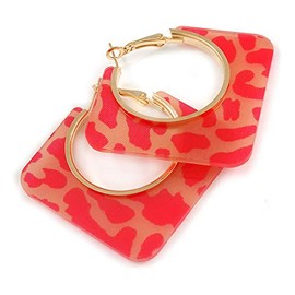 Trendy Pink Animal Print Square Acrylic Hoop Earrings In Gold Tone - 45mm Tall - Medium
