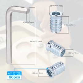Zocipro Pack of 60 wooden screw-in nuts, M10 x 25, threaded insert, screw-in sleeves with cover edge, threaded insert nuts, 1 x hex key, threaded insert made of galvanised steel
