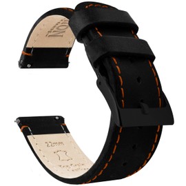 BARTON WATCH BANDS Quick Release Top Grain Leather Watch Band Strap, Black Leather/Orange Stitching (Black Buckle), 22mm