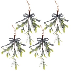 Kunjocy Pack of 4 Artificial Mistletoe Picks, Fake Mistletoe Branches with Berries and Ribbon Faux Mistletoe Hanging Ornament Christmas Tree Ornaments for wreaths garlands Windows Party Decor