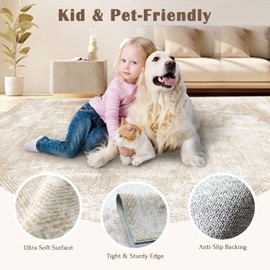 LUXRUG Washable Area Rug 8x10 - Large Beige Boho Rugs for Living Room Soft Abstract Bedroom Rug Ultra-Thin Modern Geometric Carpet Stain Resistant Rug for Dining Room Nursery Room Home Decor