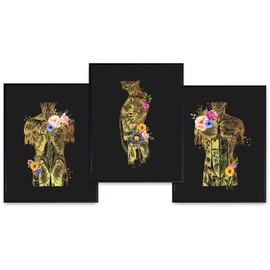Human Anatomy Wall Art Set - Gift for Orthopedic Doctor, Physical or Massage Therapist, Nurse, Physicians Assistant, RN - Modern Gold Floral Room Decor - Medical Office, Home, Apartment, Living Room