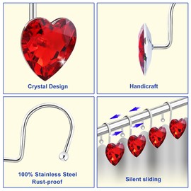 Yapicoco Shower Curtain Hooks Rings for Bathroom, Valentines Day Heart Stainless Steel Rust Resistant Decorative Rhinestones Shower Curtain Rings Hangers for Shower Curtains, Clothing, Towels, etc.