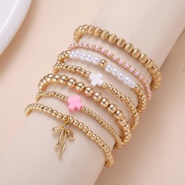 7 Pcs Gold Beaded Bracelet Set for Women - Dainty Multi Strand Bracelets, Pink White Cross Layering Jewelry Gifts for Easter Basket, Stretch Boho Bracelet for Summer Beach Valentine's Day
