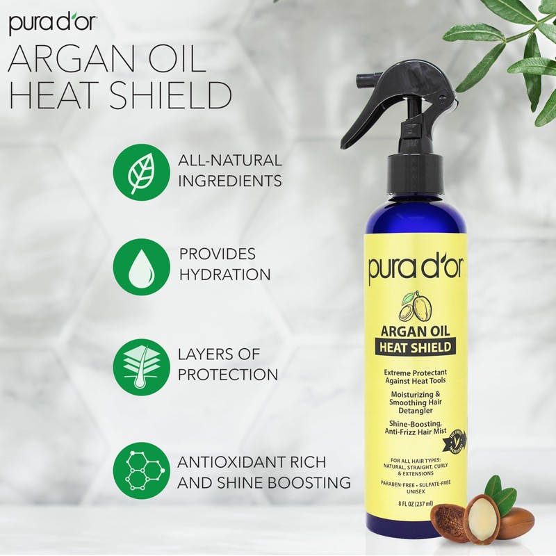 PURA D'OR 8 Oz Argan Oil Heat Shield Protectant Spray