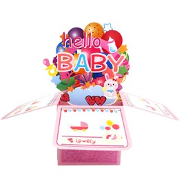 ZYOOO Hello Baby 3D Pop Up Card, Pink, Baby Shower Greeting Card for Birth of Mum, Grandma, Sister for Newborn Babies with Envelope
