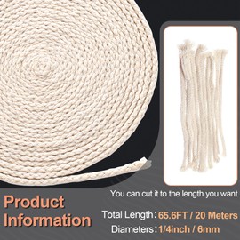 Pndeyo 65.6 Ft 1/4''(6mm) Oil Lamp Wicks, Round Cotton Lamp Wicks Burner, Braided Candle Replacement Wicks for Alcohol Kerosene Lamp Torches Lantern- Beige