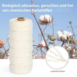 Macrame Yarn 3 mm x 200 m, Cotton Cord Coloured Cotton Yarn Braided Cotton Rope, Natural Cotton Cord for Macrame Wall Hanging, Hanging Basket, Curtain and More DIY Decoration, Natural