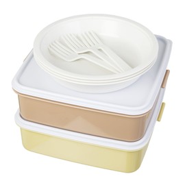 sanko- Plastic Lunch Boxes Family Size Rio Pack L Shape 2 Tier Needle Plate With 3 Blades, Earth Beige 116888 