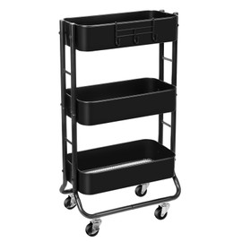 MAX Houser Slim 3-Tier Rolling Utility Cart, Narrow Metal Storage Cart with Wheels, Multifunctional Organizer Cart, Bathroom Storage Cart with Extra Hook, Laundry Room, Kitchen, Small Space(Black)
