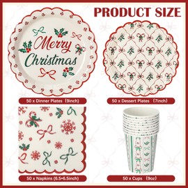 Potchen 200 Pcs Bow Christmas Tableware Set Disposable Plates and Napkins Paper Cups Coquette Aesthetic Bows Party Supplies Christmas Plates Set Holiday Dinnerware for Home Xmas Holiday Decoration