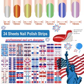 DANNEASY 24 Sheets Independence Day Nail Polish Stickers 4th of July Nail Wraps for Women Self Adhesive Nail Polish Strips Fingernail Stickers Stick on Nails with Nail File, Cuticle Stick