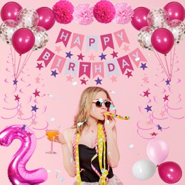 NANINUNENO 18th Birthday Decorations for Girls, Pink 18 Happy Birthday Balloons Supplies Including Pink Happy Birthday Banner, Hot Pink 18 Number Balloons, Pink Star Streamers, Hanging Swirls