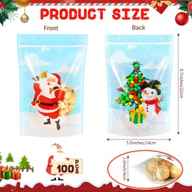 Capoda 100 Pcs Christmas Gift Bags Resealable Clear Christmas Pouch Xmas Plastic Bags Santa Favor Pouch for Xmas Winter Party