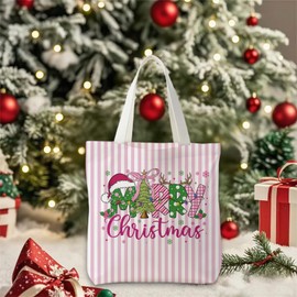 ZOFGUO Pink and Green Merry Christmas Tote Bag for Women, Preppy Christmas Tree Canvas Tote Bag, Girly Xmas Pink Striped Winter Holiday Reusable Shopping Grocery Bags