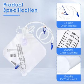 Dunkive 5 Pcs 2000ml Catheter Bags, Urinary Drainage Bag with Anti Reflux Chamber, Hook, Hanging Rope, Sheet Clip, Leakproof Splash Drain Spout Urine Bags for Men and Women