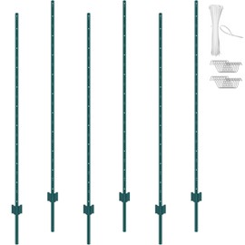 VEVOR 6 Feet U-Channel Metal Fence Post, 6 Pack With 24 Zip Ties & 12 Clips, Sturdy Steel Stakes for Garden Yard, Lawn, Farms and Outdoor Wire Fencing, Green