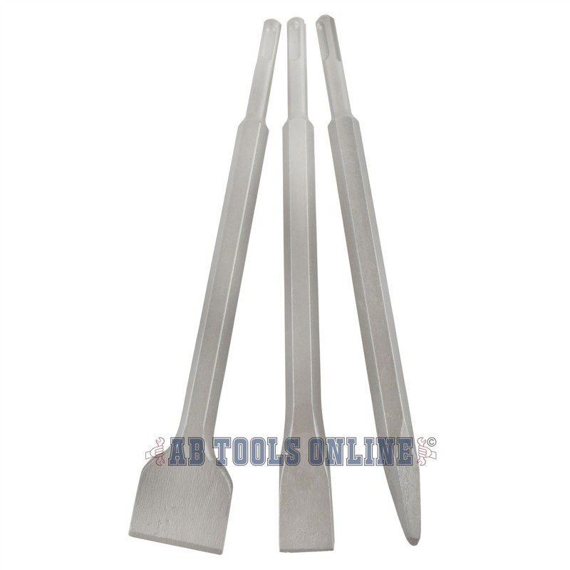 3pc SDS Plus Chisel Set 15mm Hex Shank Point/Flat Head