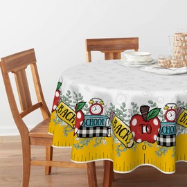 Horaldaily Back to School Tablecloth 70x70 Inch Round, Stationery Books Apple Washable Seasonal Table Cover for Party Picnic Dinner Decor