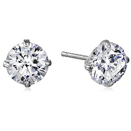 Jewelili 10K White Gold 7 MM Round White Cubic Zirconia Stud Earrings