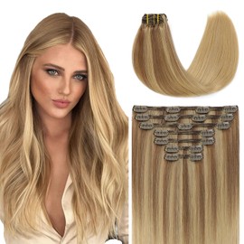 Youngsmile Real Human Hair Clip in Extensions #10/27/27 Ash Blonde with Bleach Blonde Invisible Natural Human Hair Extensions Clip in Double Weft 140g 7 Pieces 14inch (7PC#10/27/27-14inch)