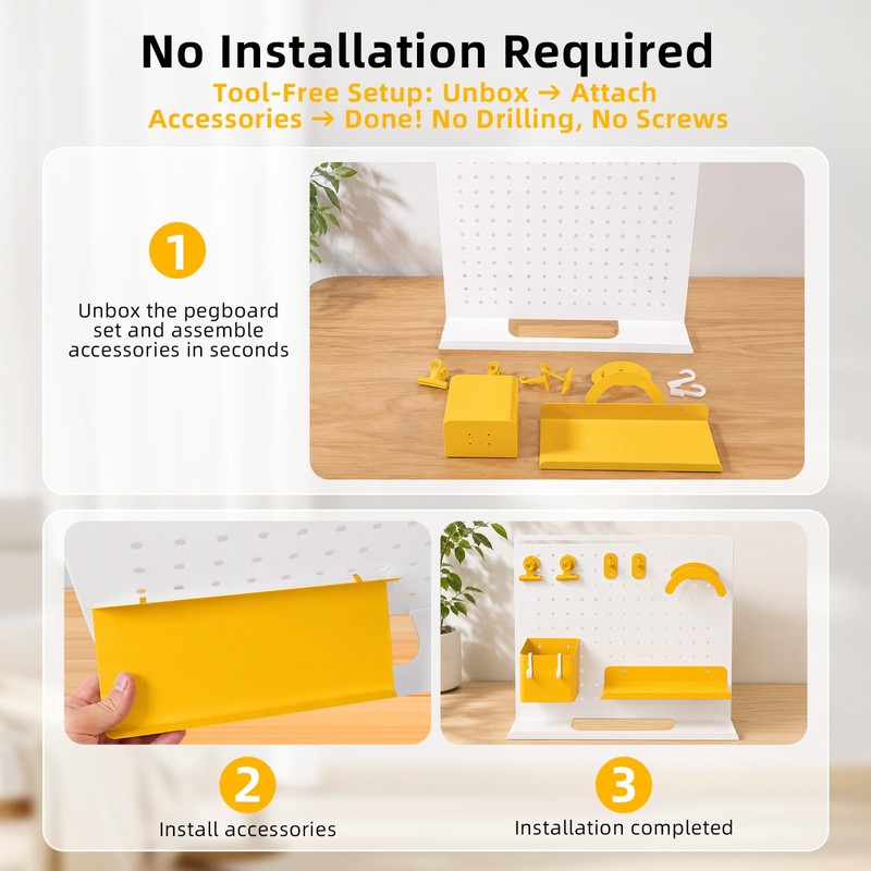 HOHOLEU Metal Desk Pegboard Organizer, No Drill Modular Storage Kit