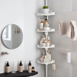 shuang qing 360° Rotating Corner Shower Caddy Tension Pole Organizer - 4-Tier Adjustable Rustproof Metal Pole, Plastic Shelves with Safety Guardrail, Bathroom Storage for Shower & Bathtub(White)