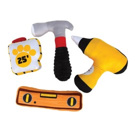 PUREPET Dog Toy Pack 4 Tools in One Set Crinkle Squeak Fetch and Fix Fun Hammer Measuring Tape Drill and Level (5 Sets of Toys)