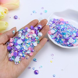 Briskbloom 60g Mix Flatback Pearls and Flatback Rhinestones for Crafts, 2mm-10mm Pearl Rhinestones for Nails Face Art Tumblers, Mix Rhinestones and Pearls, with Tweezers Wax Pen, Pink|Purple|White