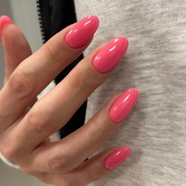 Hot Pink Press on Nails Short Almond Oval Glossy Fake Nails 24Pcs, Solid Color Nails press ons 12 Sizes, Reusable Nail Kit, Stick on Nails for Women and Girls Daily Wear