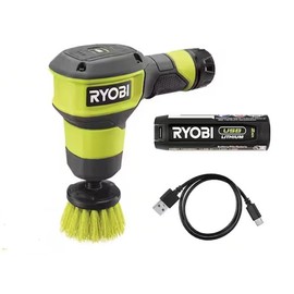 RYOBI USB Lithium Compact Scrubber Kit with 2.0 Ah Battery, USB Charging Cord, and 2 in. Medium Bristle Brush, Green