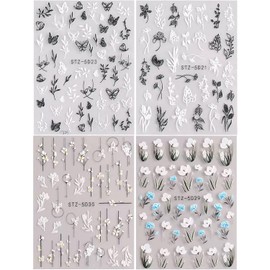 5D Embossed Flower Spring Nail Art Stickers, Self-Adhesive Summer Colorful Floral Nail Stickers, Women DIY Manicure Nail Art Decorations(4 Pieces