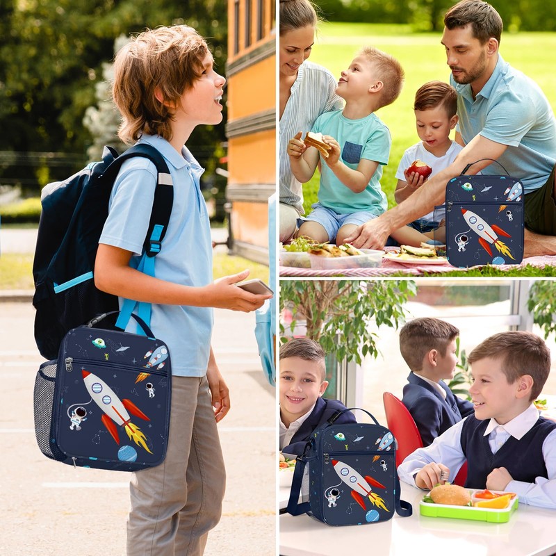 Clastyle Space Rocket Insulated Lunch Bag Children with Bottle Holder,