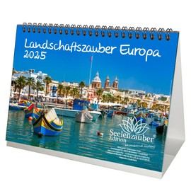Landscape Magic Europe DIN A5 Desk Calendar for 2025 Landscapes - Set: 1 x Calendar, 1 x Christmas Pendant, 1 x Greeting Tag (Total 3 Pieces)