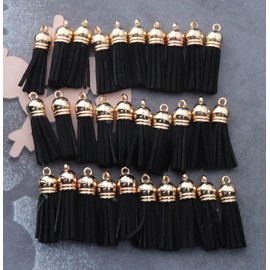 Ruwado 30 Pcs Keychain Leather Tassels with Gold Caps Hole Vintage Mini Faux Tassels for DIY Jewelry Making Keychain Earrings Craft Project Supplies Necklace Bracelet (Black)