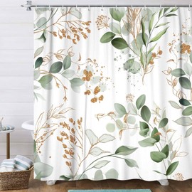 Sage Green Eucalyptus Shower Curtain, Watercolor Plant Floral Leaves with Floral Bathroom Accessories Decor, Farmhouse Botanical Fabric Cloth Modern Golden Flower Shower Curtain Set, White, 72X72in