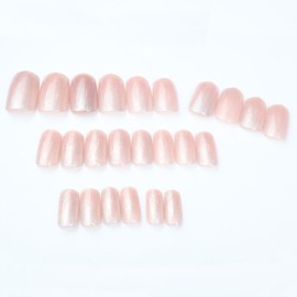 WAFOLOZE Press-on Fake Nails Glossy False 24 Pcs Medium Square Cat Eye Pink Spar Designs Stick-on Acrylic