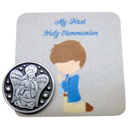 Westmon Works First Communion Token for Boys with Holy Card and Metal Guardian Angel Pocket Trinket Set