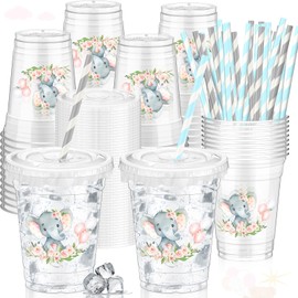 Pickmesh 50 Pcs Elephant Baby Shower Party Plastic Cup 12 Oz Pink Elephant Clear Cup with Lids Straws for Baby Shower Gender Reveal Party Supplies Decorations