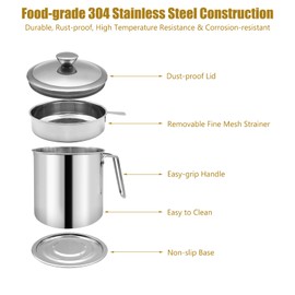 Zalaxt Bacon Grease Container With Strainer, 1.3L Grease Strainer and Container with Dust-Proof Lid, 304 Stainless Steel Oil Filter Storage with Fine Mesh 1.3L