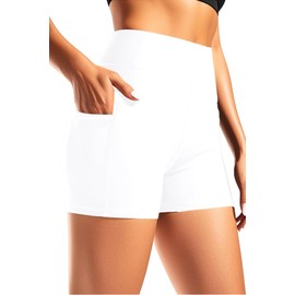 Women 3" High Waisted Swim Board Shorts Quick Dry Boy Shorts Swim Bathing Suit Bottoms Swimwear with Slant Pockets White L