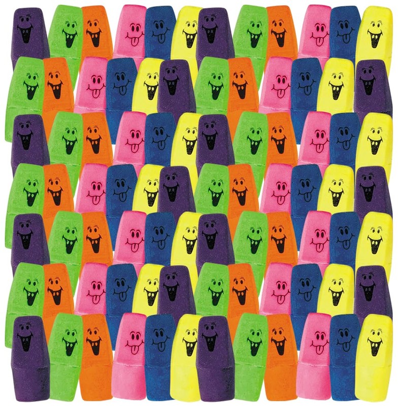 Bright Neon Funny Face Pencil Top Erasers - 1.25" (Pack