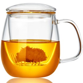 WHJY - Taza de té de vidrio con infusor y tapa, tazas de té de vidrio de 18 onzas con colador, taza de té de hojas sueltas para uno, tazas de té de vidrio borosilicato sin plomo, resistente al calor, apta para microondas y lavaplatos