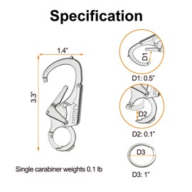 Ahiller 3" Carabiner Keychain Clip, Rugged Alloy Double Lock Design - Tungsten Steel Spike - Multi Tool Caribina, Small Key Ring Clip for Camping Hiking Fishing Outdoor Survival [Silver-2P]