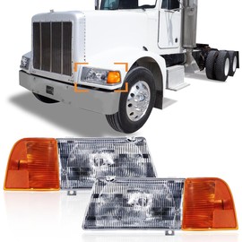 Headlight with Corner Lamp fit for Peterbilt 385/377 Trucks Halogen Headlights Headlamp Assembly Pair Left Driver and Right Passenger Side