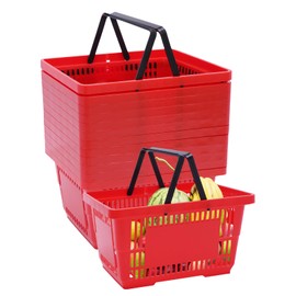 12PCS Red Plastic Shopping Baskets with Handles, Portable Retail Baskets Grocery Baskets with Handles, 21L Hand Shopping Baskets Set for Stores, Supermarket, Retail, Groceries Shopping Carrying