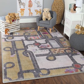 Superior Kids Indoor Area Rug, Country Road Floor Decor for Kids Bedroom Decorations, Colorful Throw, Play Room Accessories, Nursery Bedrooms, Cute, Soft Rugs, 4' x 6', Mossy Gold
